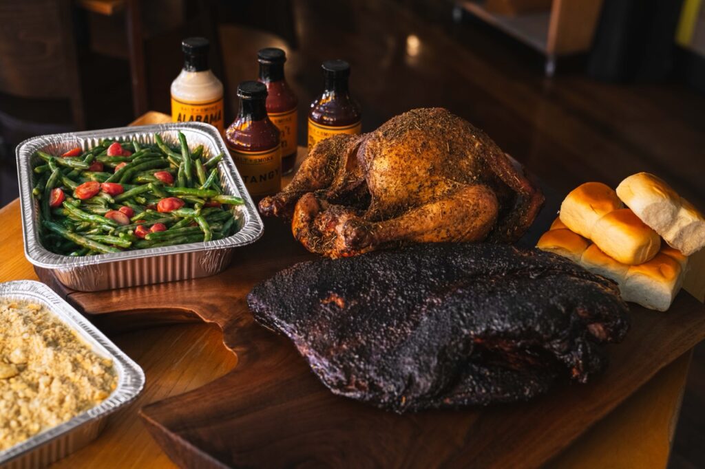 Thanksgiving dinner on a table spread