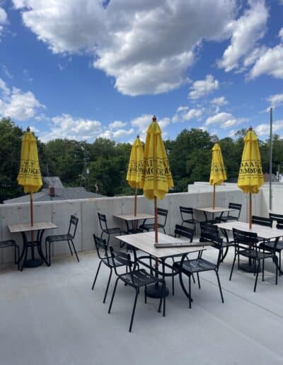 Outdoor seating with yellow umbrellas