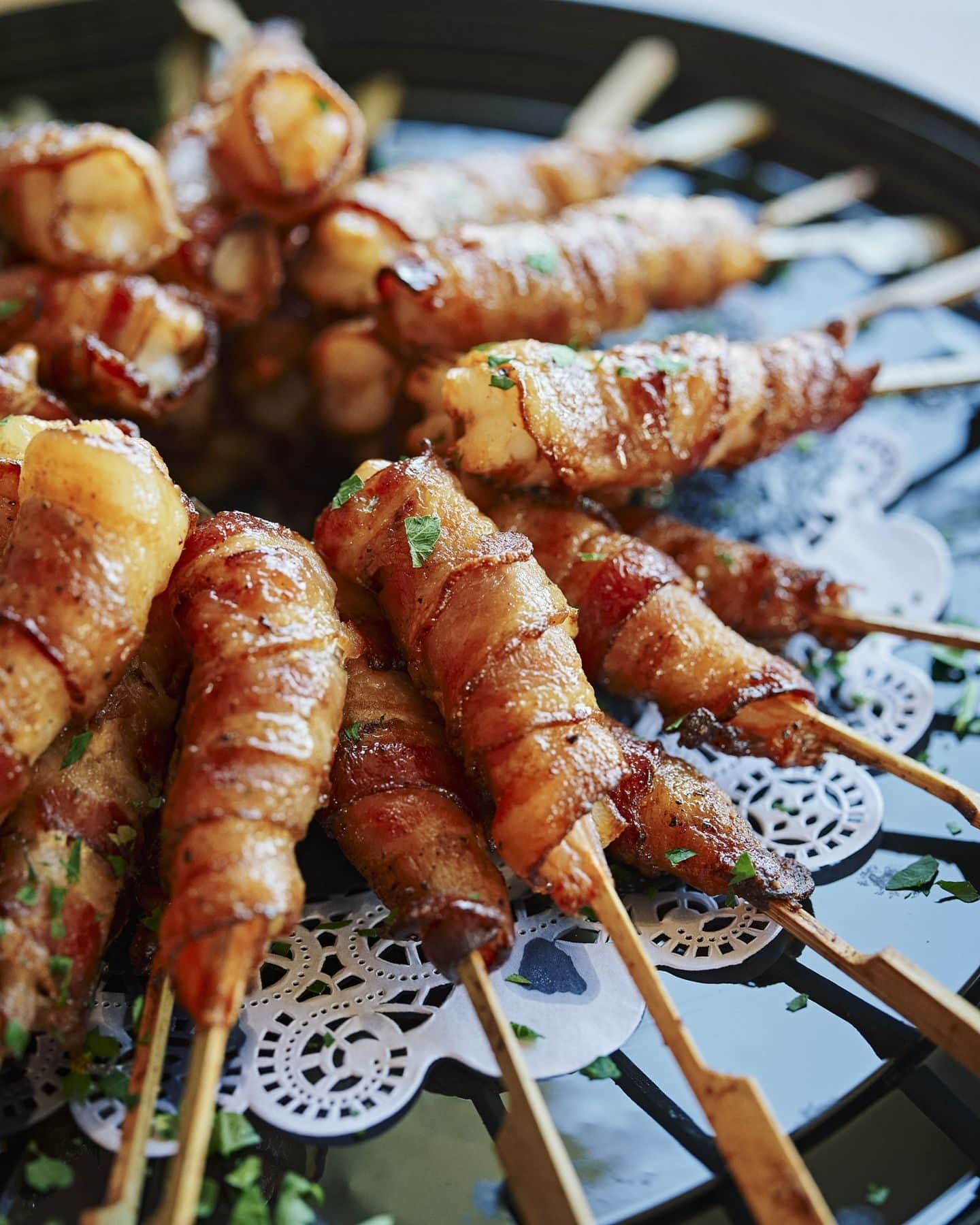 Catering 7 Bacon-wrapped skewers on a catering platter