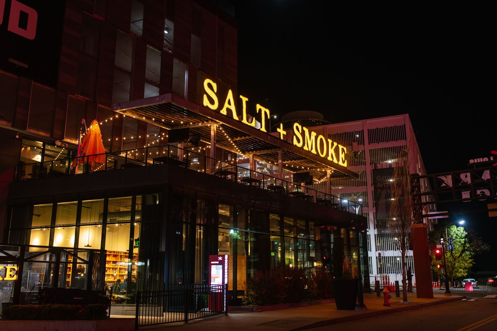 Parties + Events 13 The Salt + Smoke Ballpark Village patio lit up at night