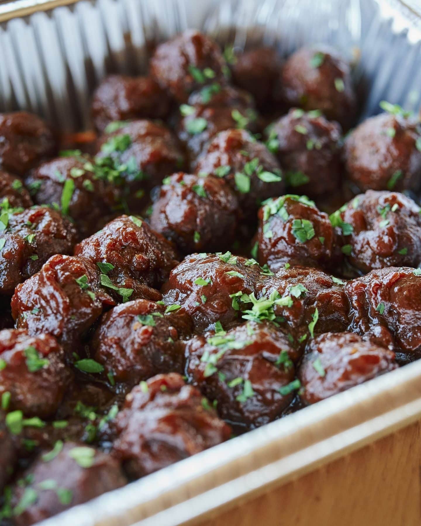 Corporate Catering 6 Glazed meatballs in a catering tray