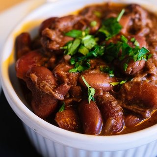 A bowl of brisket chili with beans
