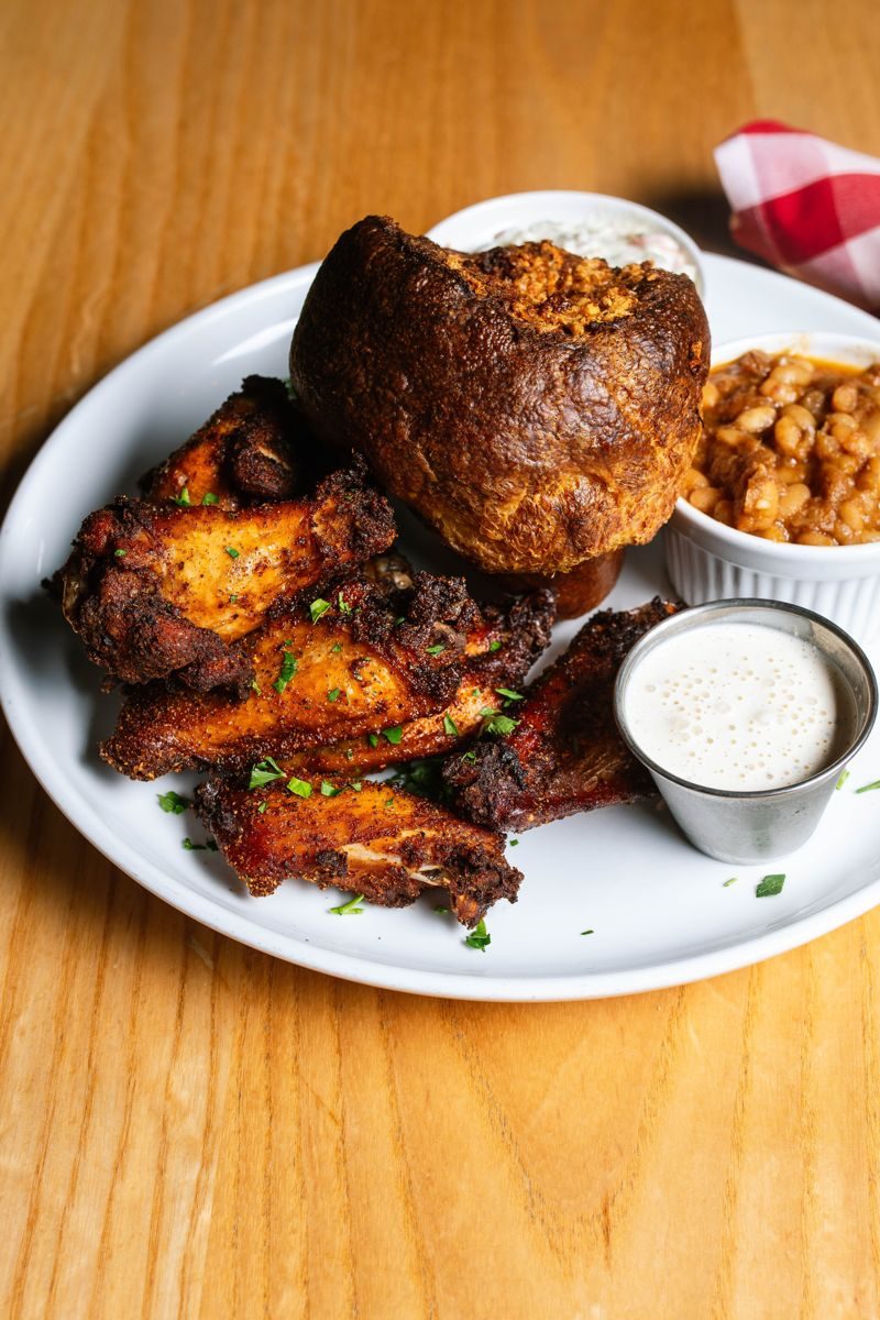 Corporate Catering 5 Smoked chicken wings with a popover and sides