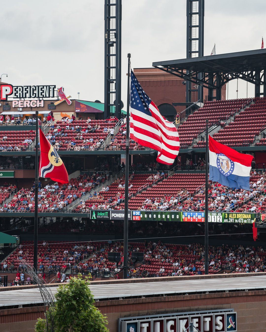 Ballpark Village 8 The view from our patio into Busch Stadium, with flags flying